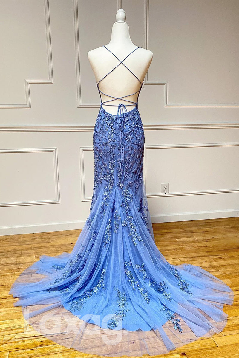 17771 - Spaghetti Straps Tulle Appliques Sheath Prom Dress