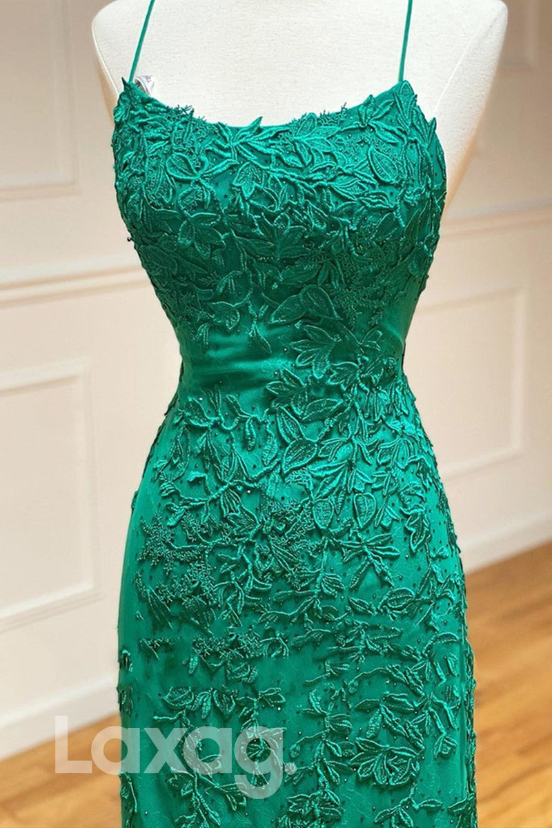 17771 - Spaghetti Straps Tulle Appliques Sheath Prom Dress