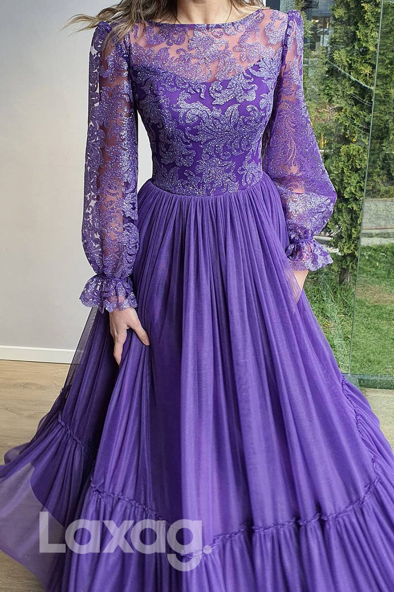 17781 - Women's Scoop Long Sleeves Long Formal Evening Gowns