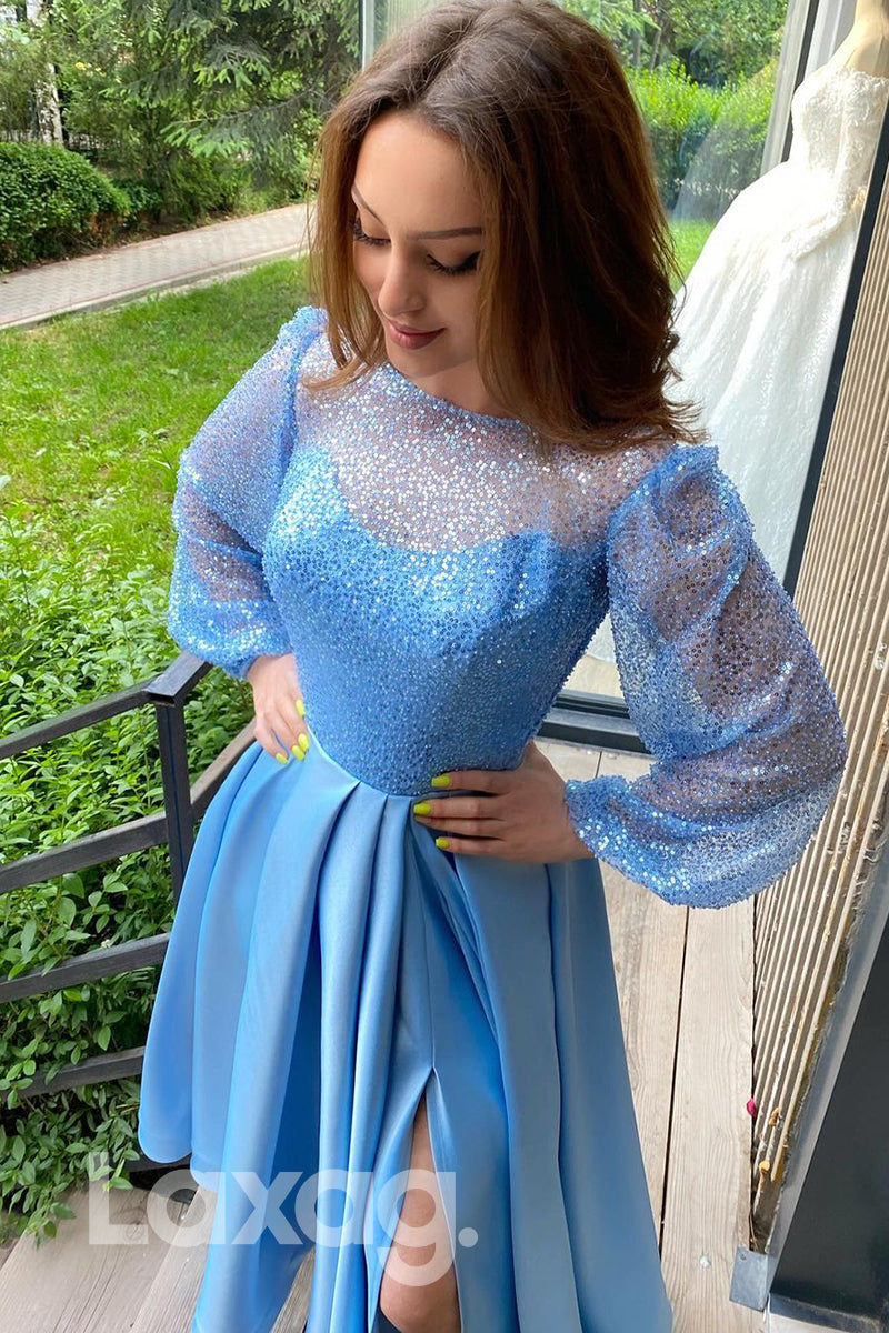 17783 - Scoop Sequins Long Sleeves A-line Long Formal Evening Dress