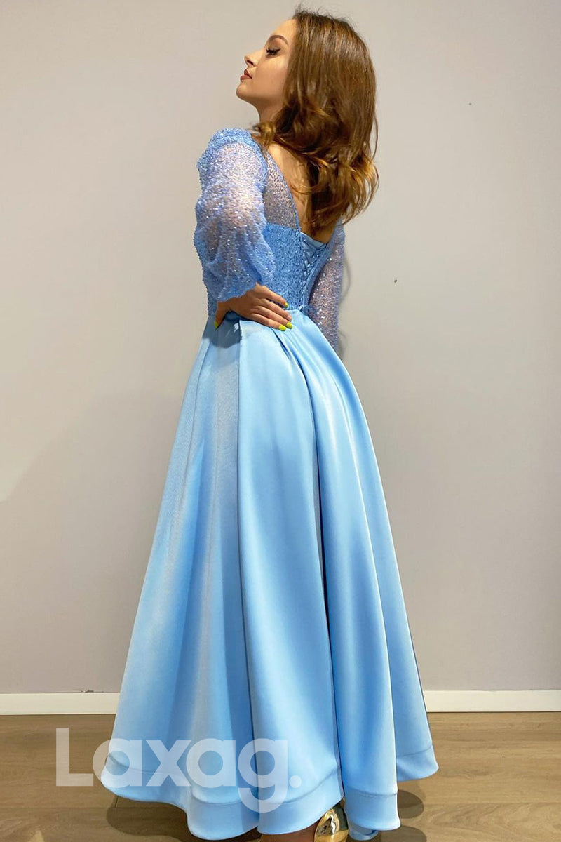 17783 - Scoop Sequins Long Sleeves A-line Long Formal Evening Dress