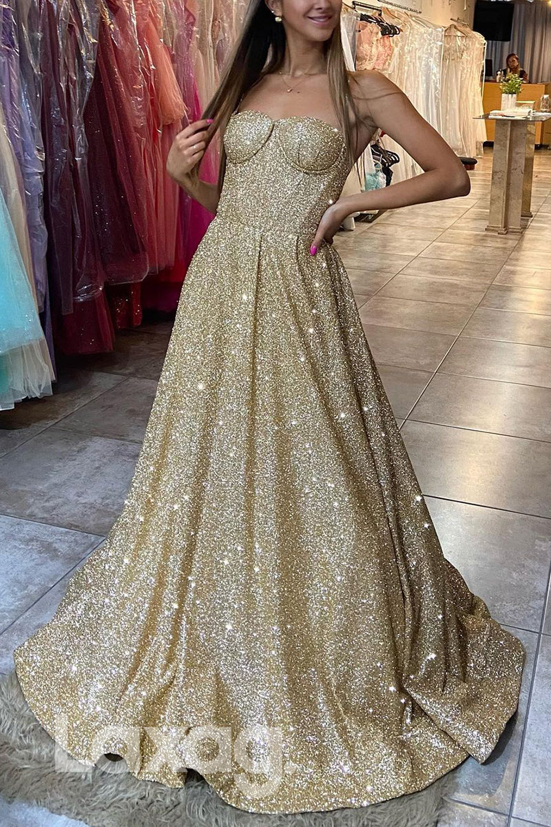 17784 - Spaghetti Straps Sweetheart Gold Sparkly Prom Dress with Pockets
