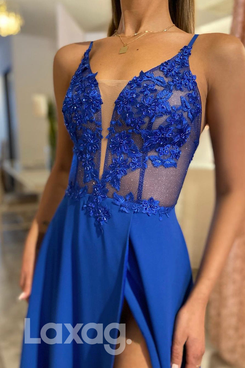 17785 - Plunging V-Neck Lace Appliques High Split Long Prom Dress