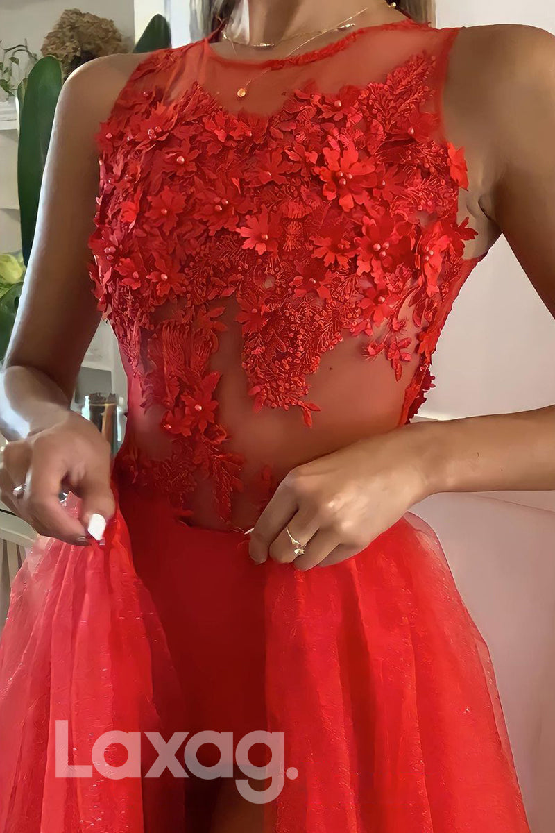 17786 - Women's 3D Appliques High Split Long Prom Dress with Detachable Skirt