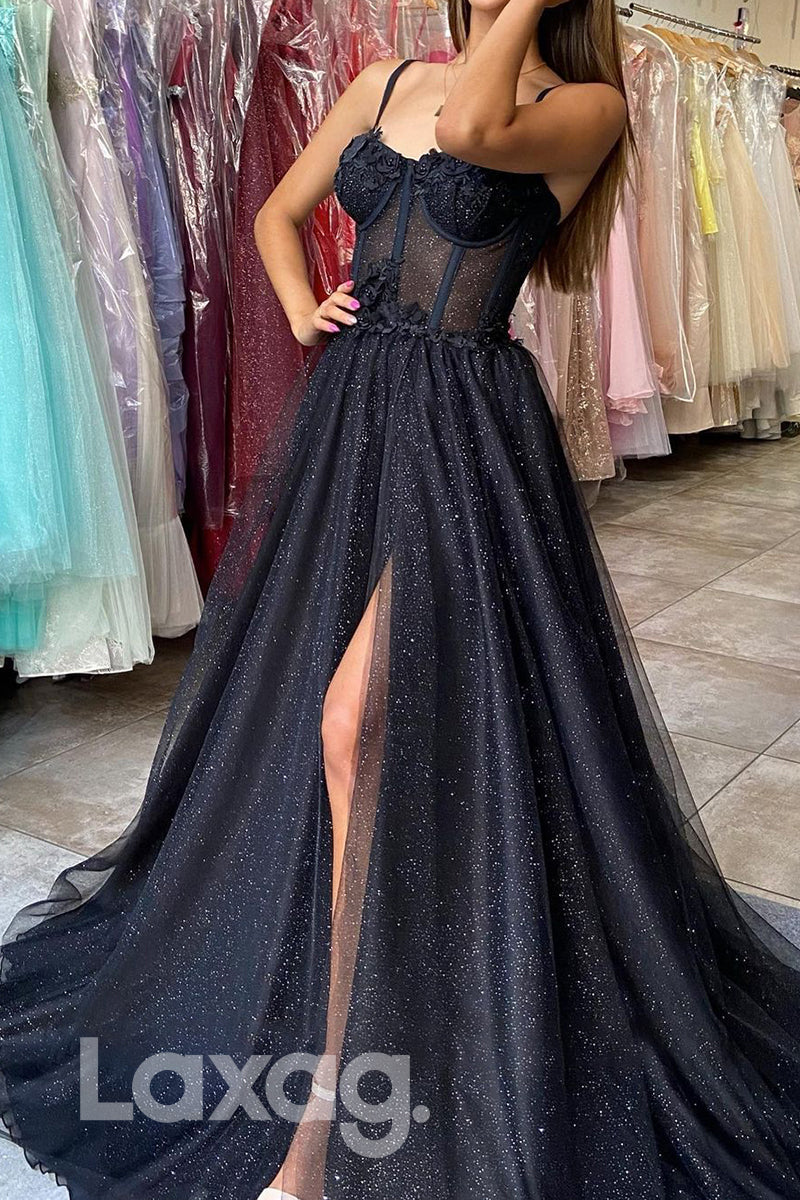 17787 - Spaghetti Straps Lace Applique Long Prom Dress with Slit