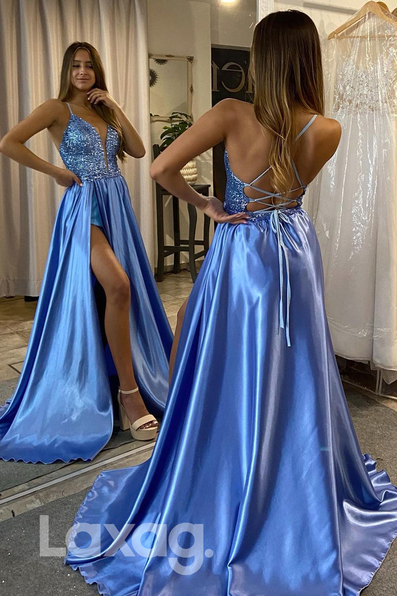 17789 - Plunging V-Neck Detachable Skirt Long Prom Dress with Slit