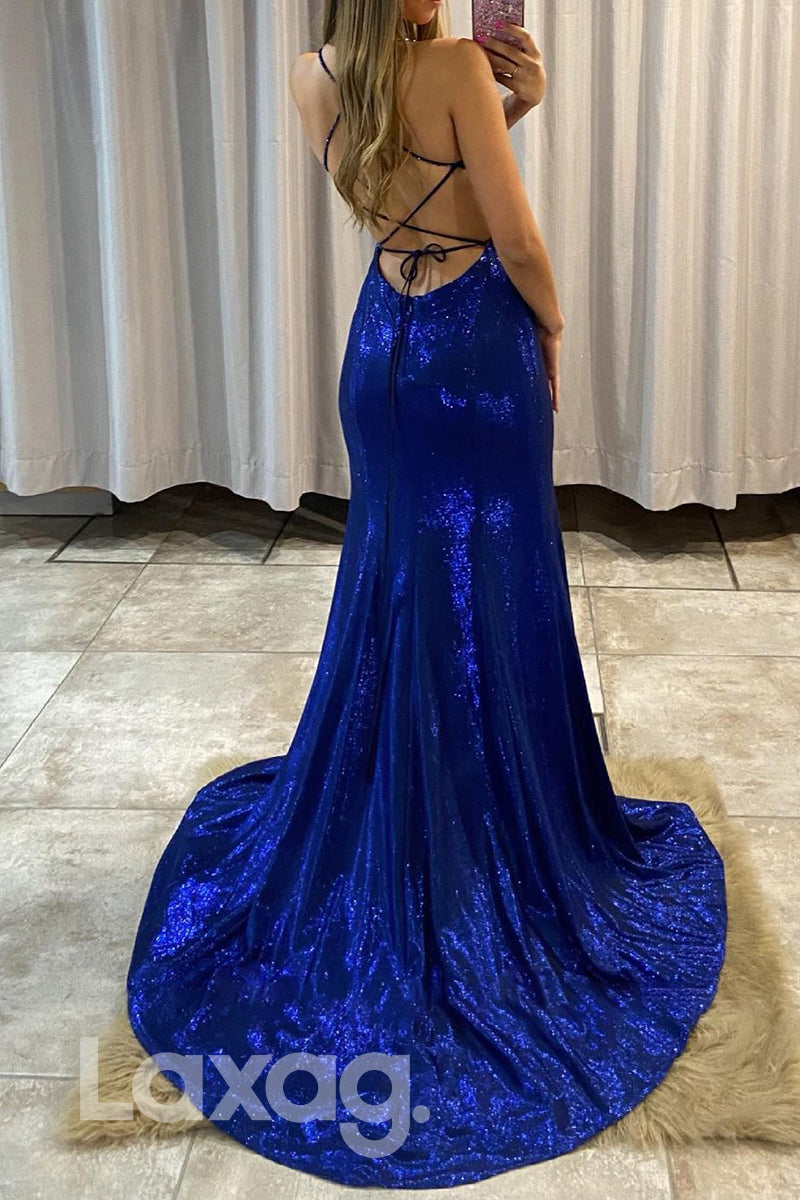17793 - Women's Spaghetti Straps Sparkly Prom Dress with Slit