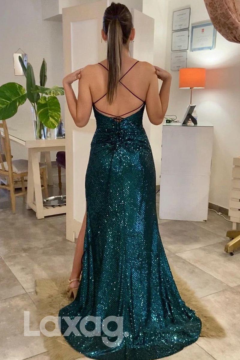 17794 - Spaghetti Straps Sequins Pleats Mermaid Prom Dress with Slit