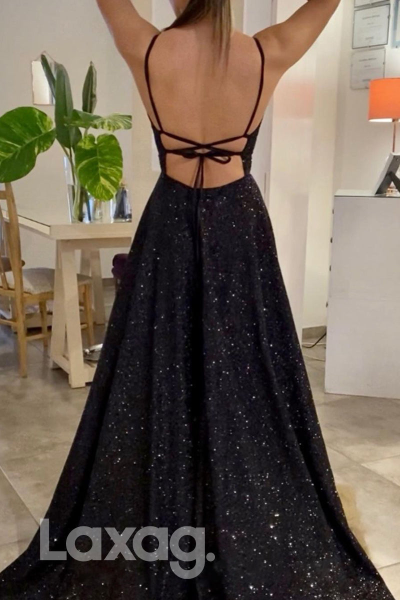 17796 - Plunging V-neck Black Sequin Sparkly Prom Dress
