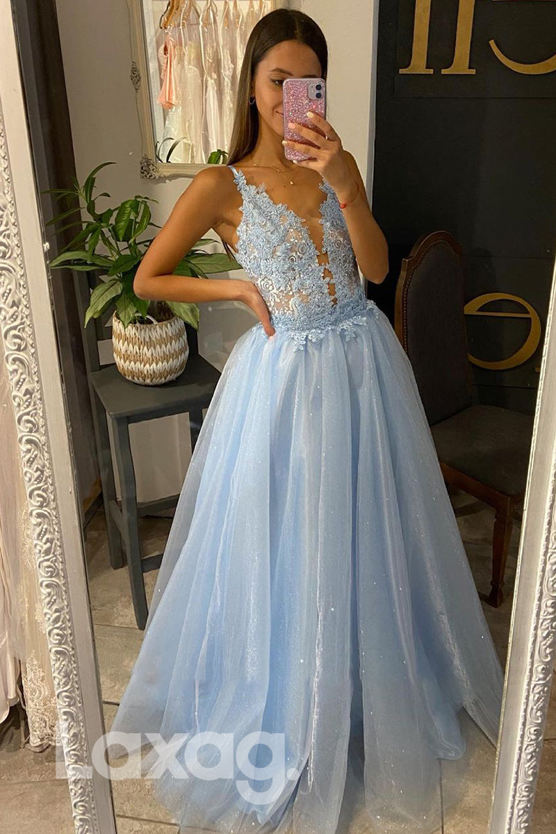 17798 - Attractive V-Neck Lace Applique Long Prom Dress with Detachable