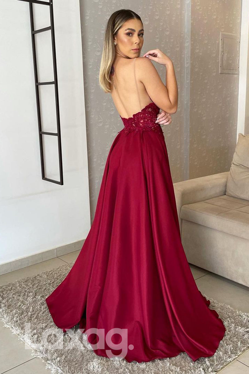 18719 - Women's Spaghetti Straps Appliques Long Formal Evening Dress