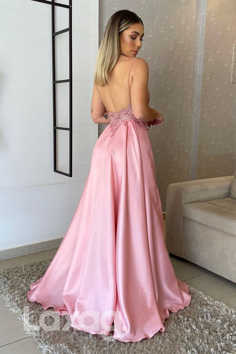 18719 - Women's Spaghetti Straps Appliques Long Formal Evening Dress
