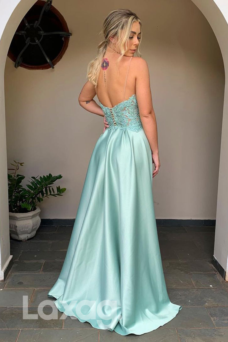 18760 - Women's Spaghetti Straps Lace Appliques Formal Evening Dress with Slit