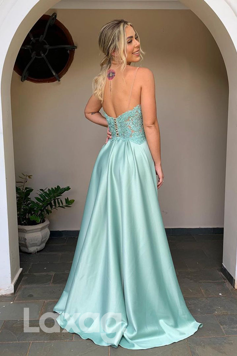 18760 - Women's Spaghetti Straps Lace Appliques Formal Evening Dress with Slit