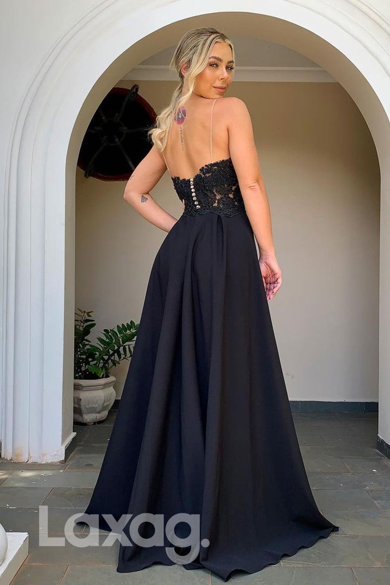 18760 - Women's Spaghetti Straps Lace Appliques Formal Evening Dress with Slit