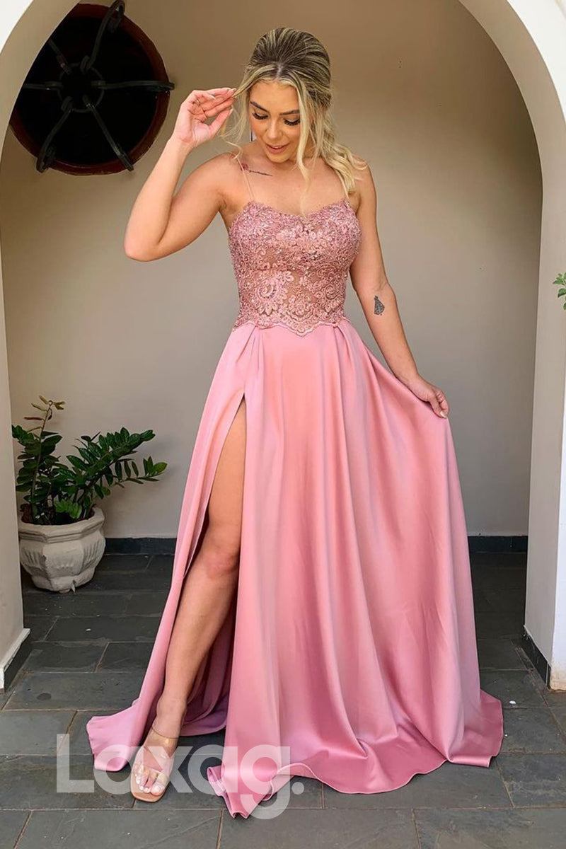 18760 - Women's Spaghetti Straps Lace Appliques Formal Evening Dress with Slit