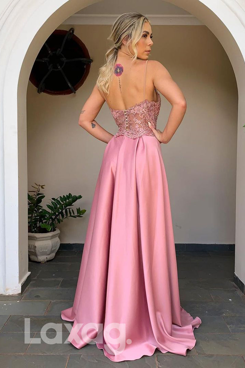 18760 - Women's Spaghetti Straps Lace Appliques Formal Evening Dress with Slit