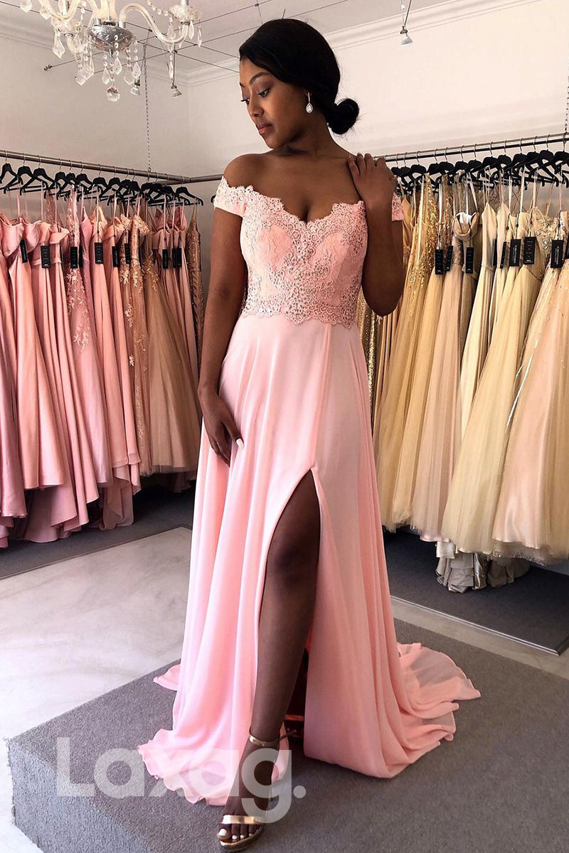 18762 - Off Shoulder Lace Applique High Split Long Formal Evening Dress|LAXAG