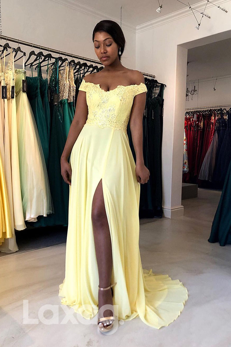 18762 - Off Shoulder Lace Applique High Split Long Formal Evening Dress|LAXAG