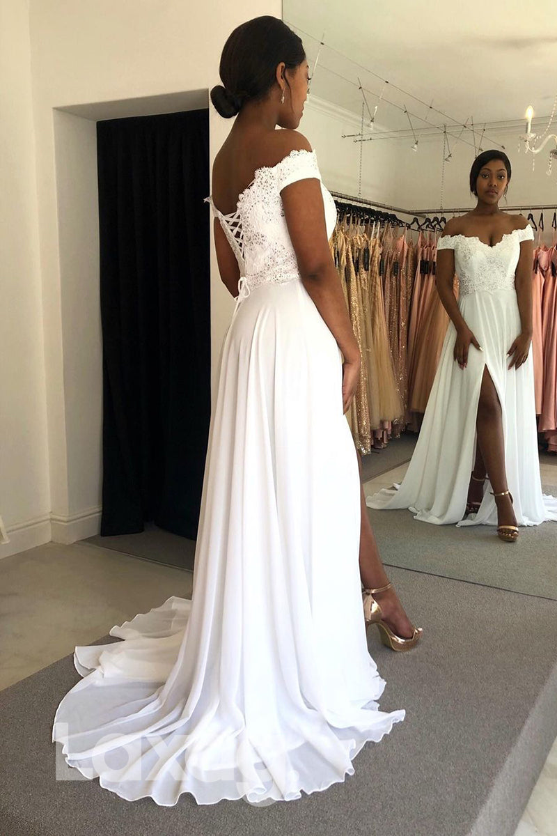 18762 - Off Shoulder Lace Applique High Split Long Formal Evening Dress|LAXAG