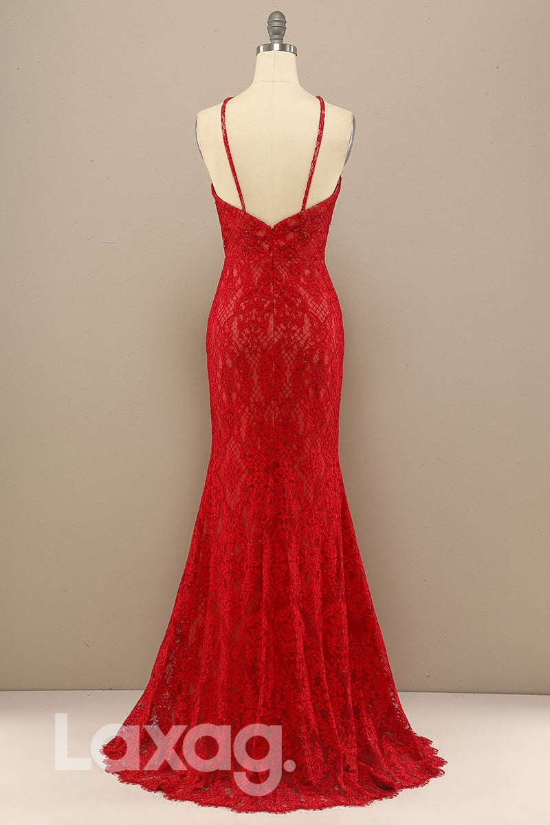 18768 - Chic Halter Lace Beads Mermaid Formal Evening Dress with Slit
