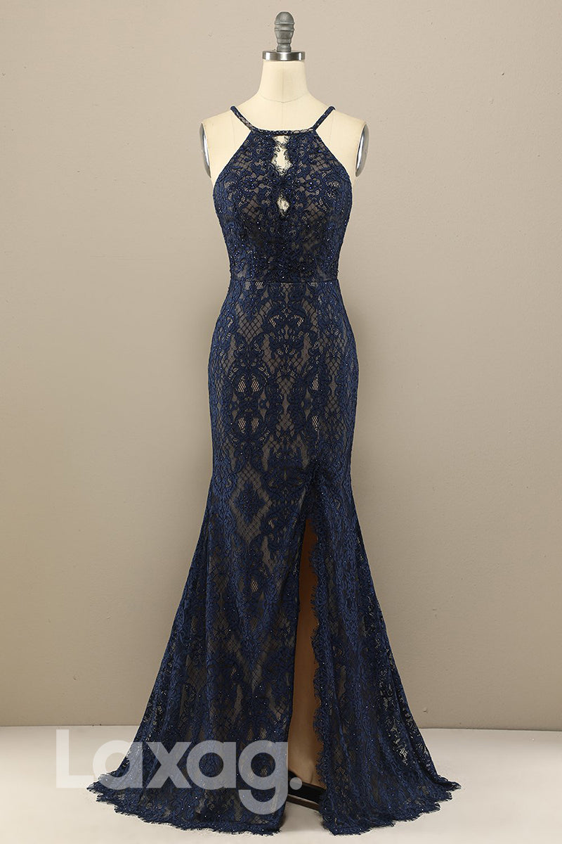 18768 - Chic Halter Lace Beads Mermaid Formal Evening Dress with Slit|LAXAG