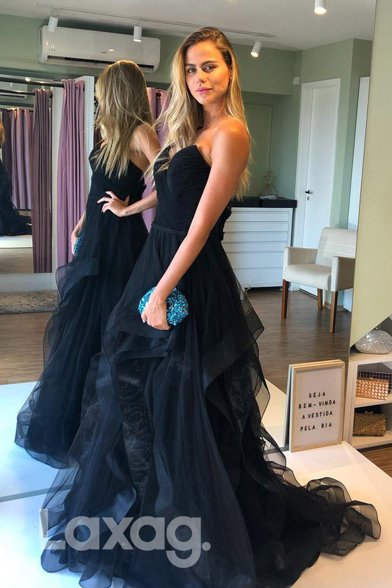 16725 - Plunging V-neck Black Tulle A-line Formal Dress