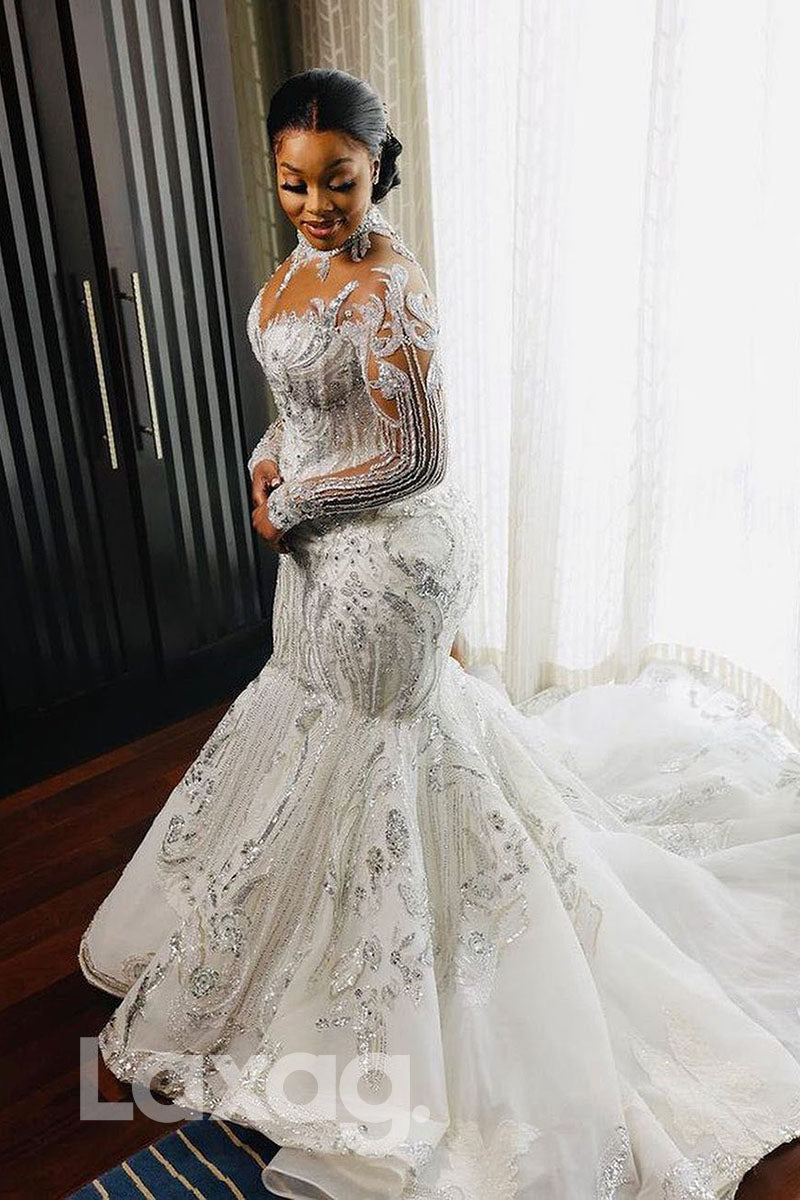 15557 - Illusion Sleeves Stunning Beaded Mermaid Wedding Dress