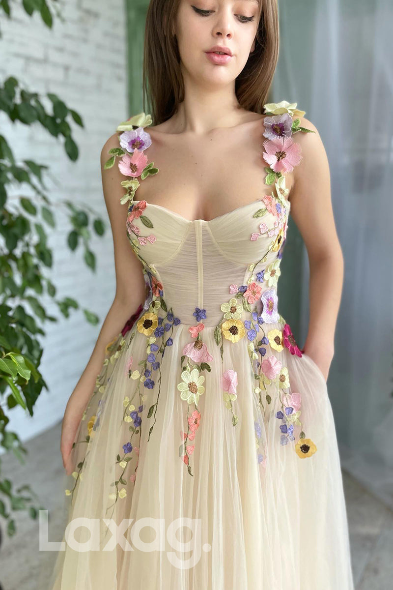 D Appliques Yellow Senior Prom Dress with Pockets