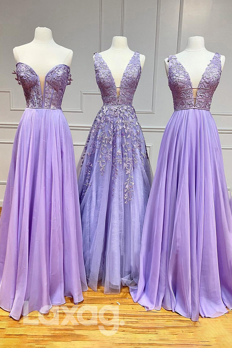 19795 - Plunging V-Neck Lace Appliques Lilac Prom Dress