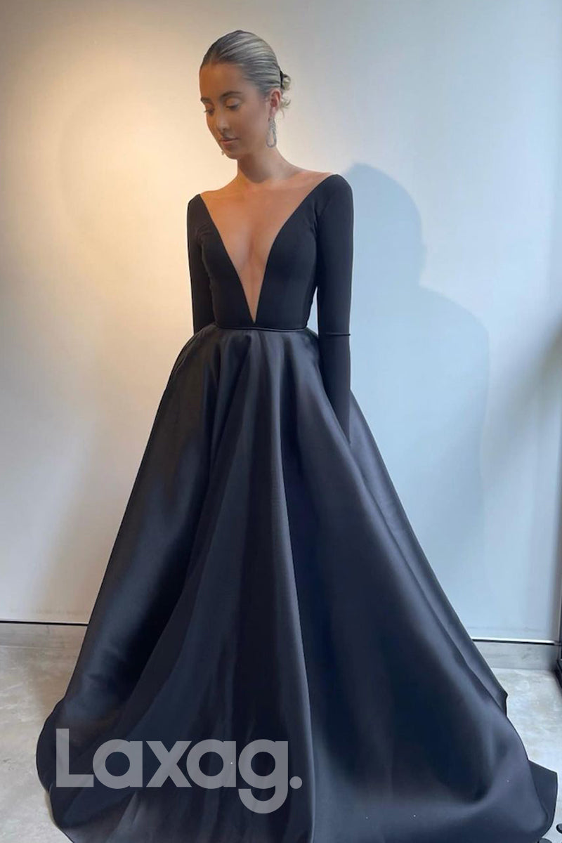 19798 - Attractive Deep V-Neck Long Sleeves Black Formal Evening Dress with Pokctes