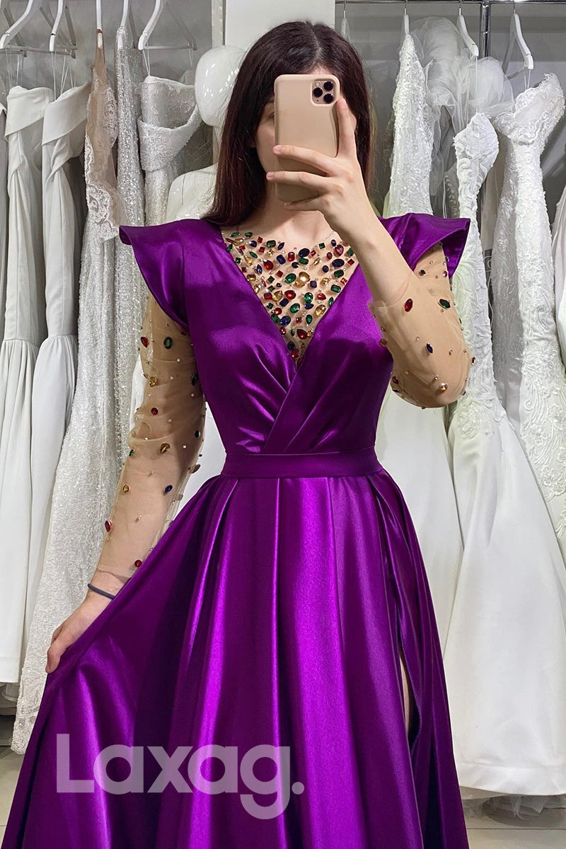 Diamond Illusion V-Neck Long Sleeves Prom Gown with Slit