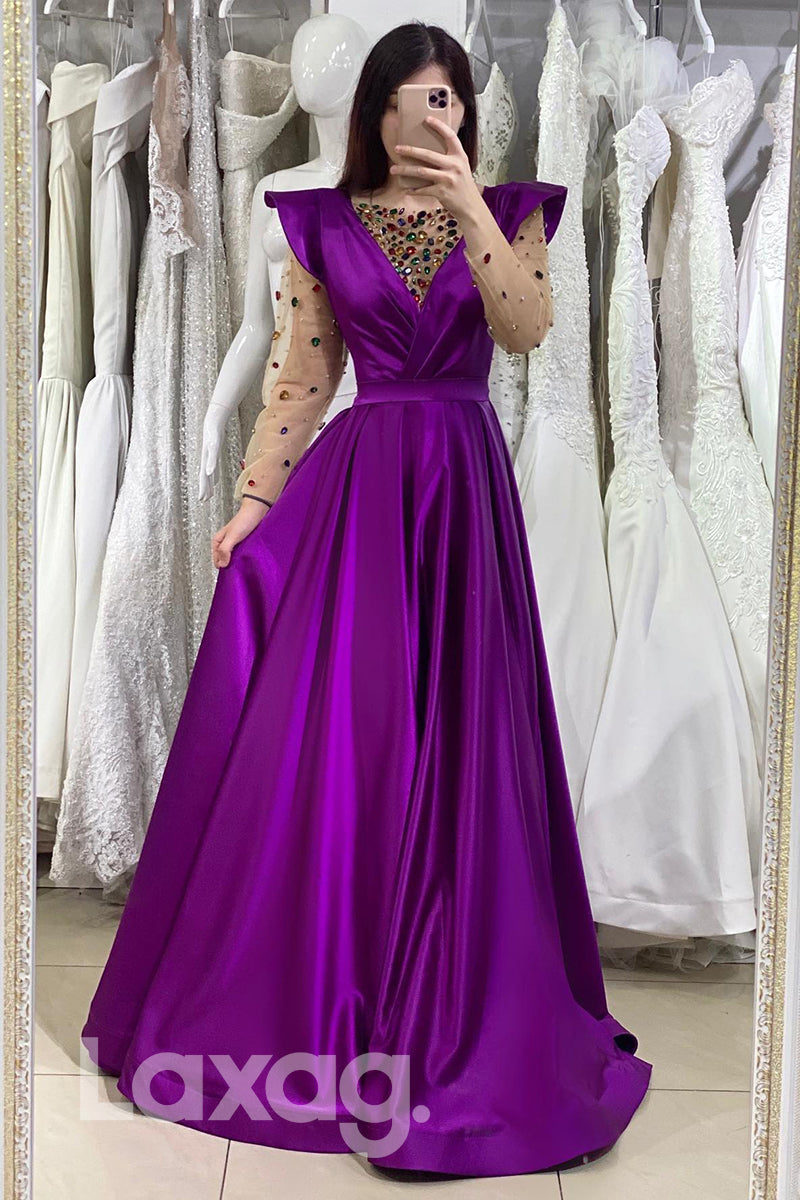 Diamond Illusion V-Neck Long Sleeves Prom Gown with Slit