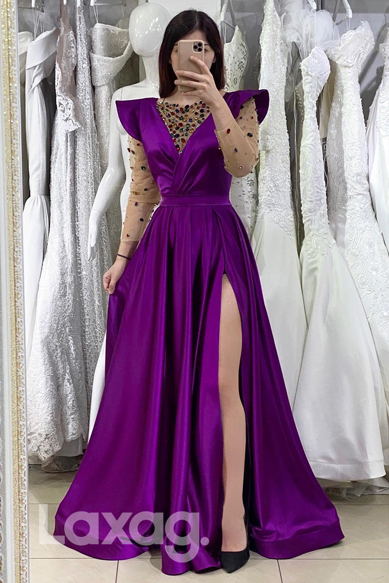 Diamond Illusion V-Neck Long Sleeves Prom Gown with Slit