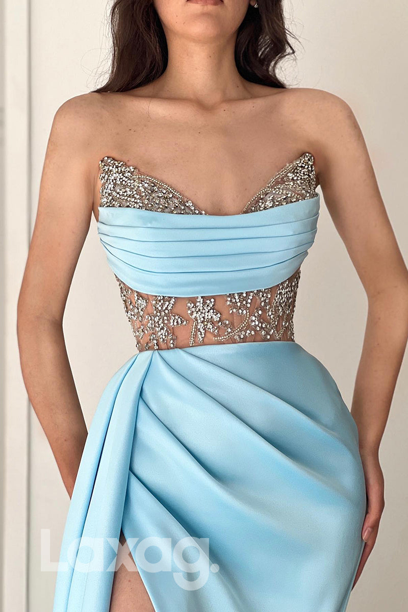 16719 - Strapless Beaded Pleated Thigh Slit Satin Prom Dress