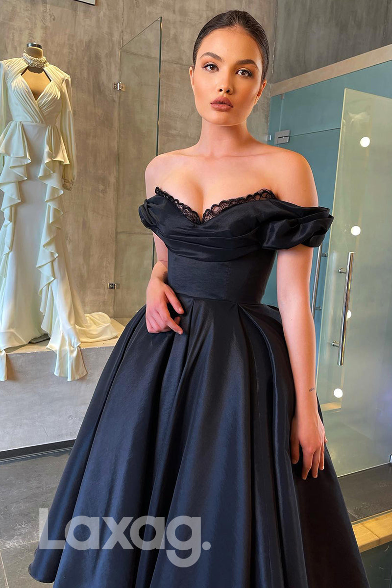 Off Shoulder Open Back A-Line Ankle Length Black Prom Dress - FashionAxe
