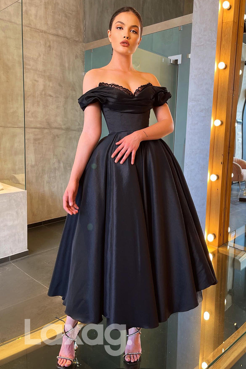Off Shoulder Open Back A-Line Ankle Length Black Prom Dress - FashionAxe