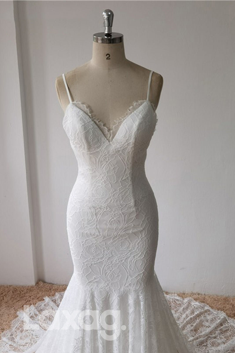 13550 - Spaghetti Lace Wedding Dress Mermaid Gown