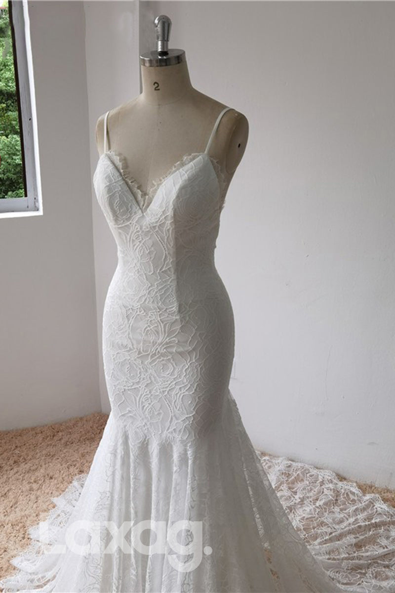 13550 - Spaghetti Lace Wedding Dress Mermaid Gown