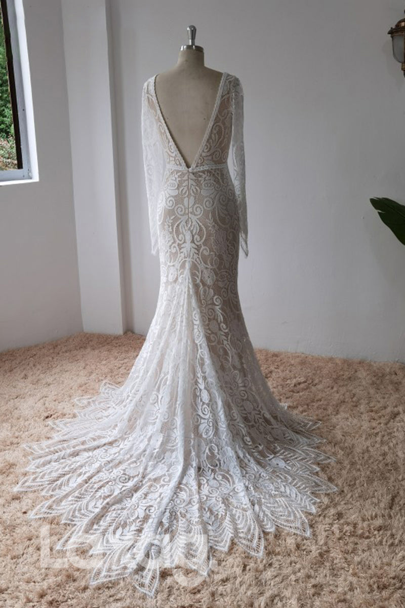 13558 - Plunging V-neck Appliques Backless Mermaid Wedding Dress