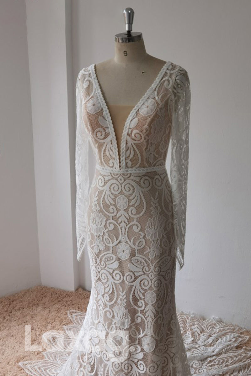 13558 - Plunging V-neck Appliques Backless Mermaid Wedding Dress