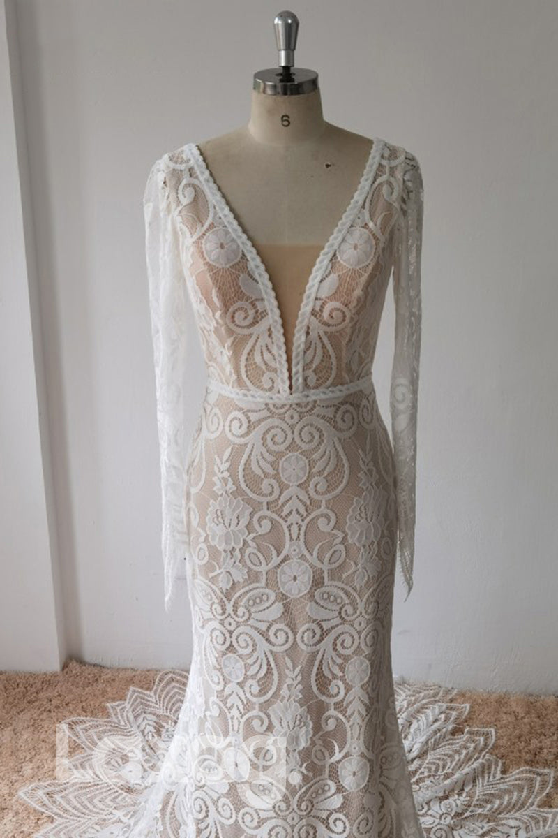 13558 - Plunging V-neck Appliques Backless Mermaid Wedding Dress