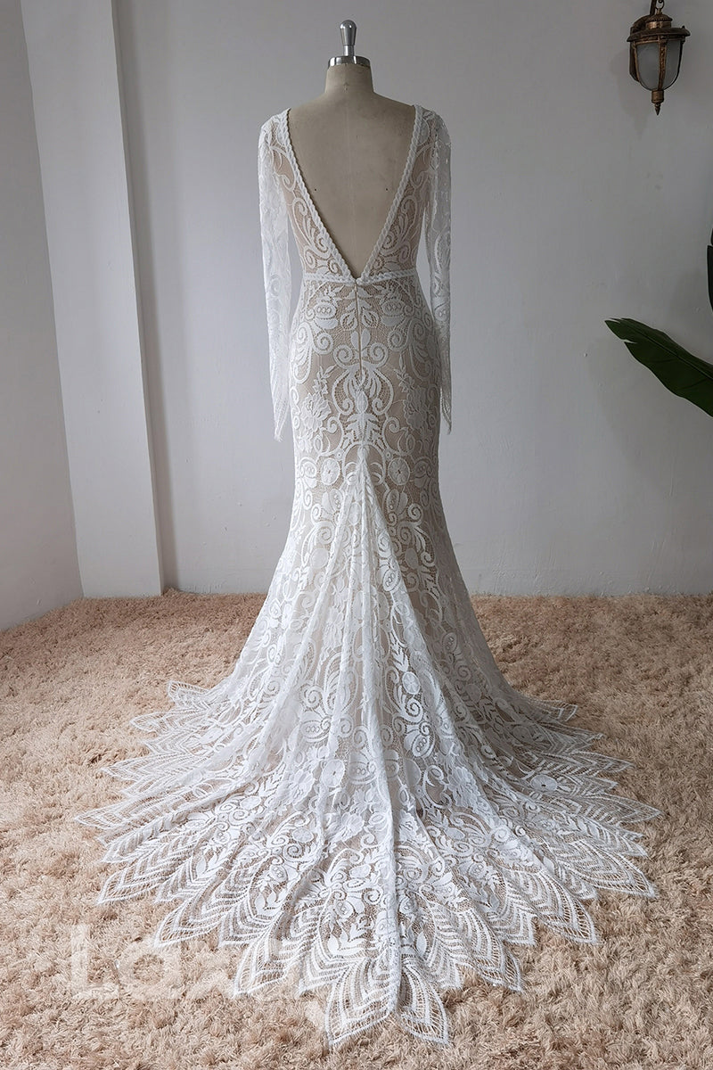 13558 - Plunging V-neck Appliques Backless Mermaid Wedding Dress