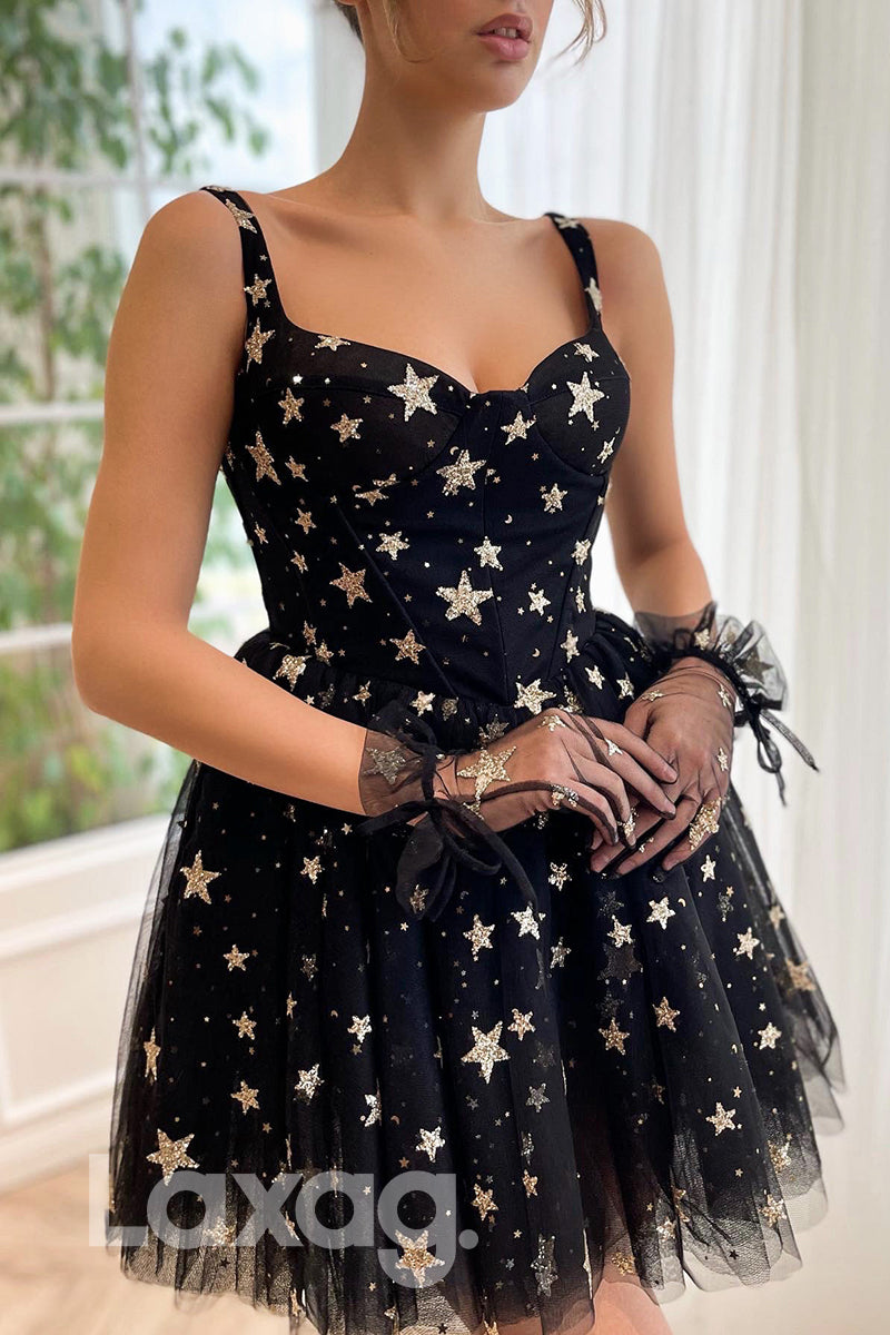 16716 - Spaghetti Star Dot Sequined Short Prom Dress