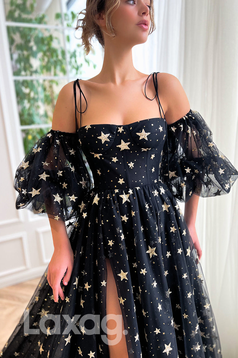 16717 - Spaghetti Straps Thigh Slit Sequined Star Prom Dress