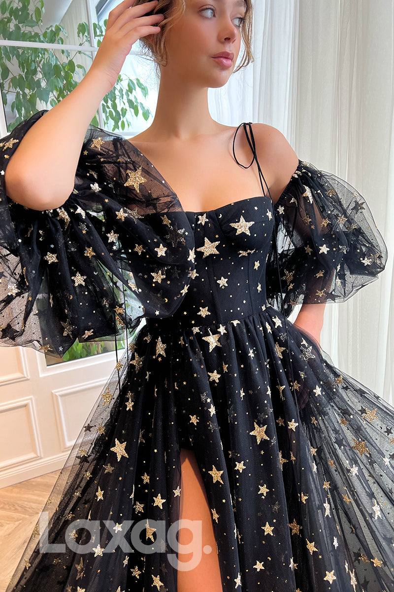 16717 - Spaghetti Straps Thigh Slit Sequined Star Prom Dress