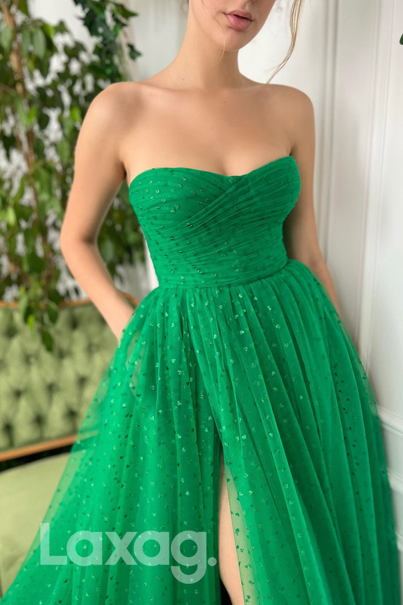 16724 - Sweetheart Thigh Slit Dot Tulle A-line Formal Dress