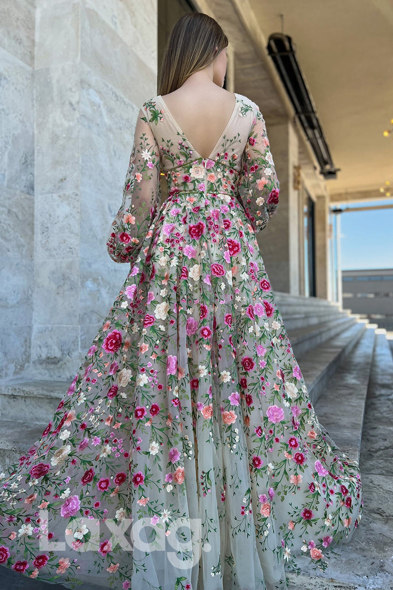 Deep V-neck Embroidery Appliqued Long Sleeves Formal Prom Dress