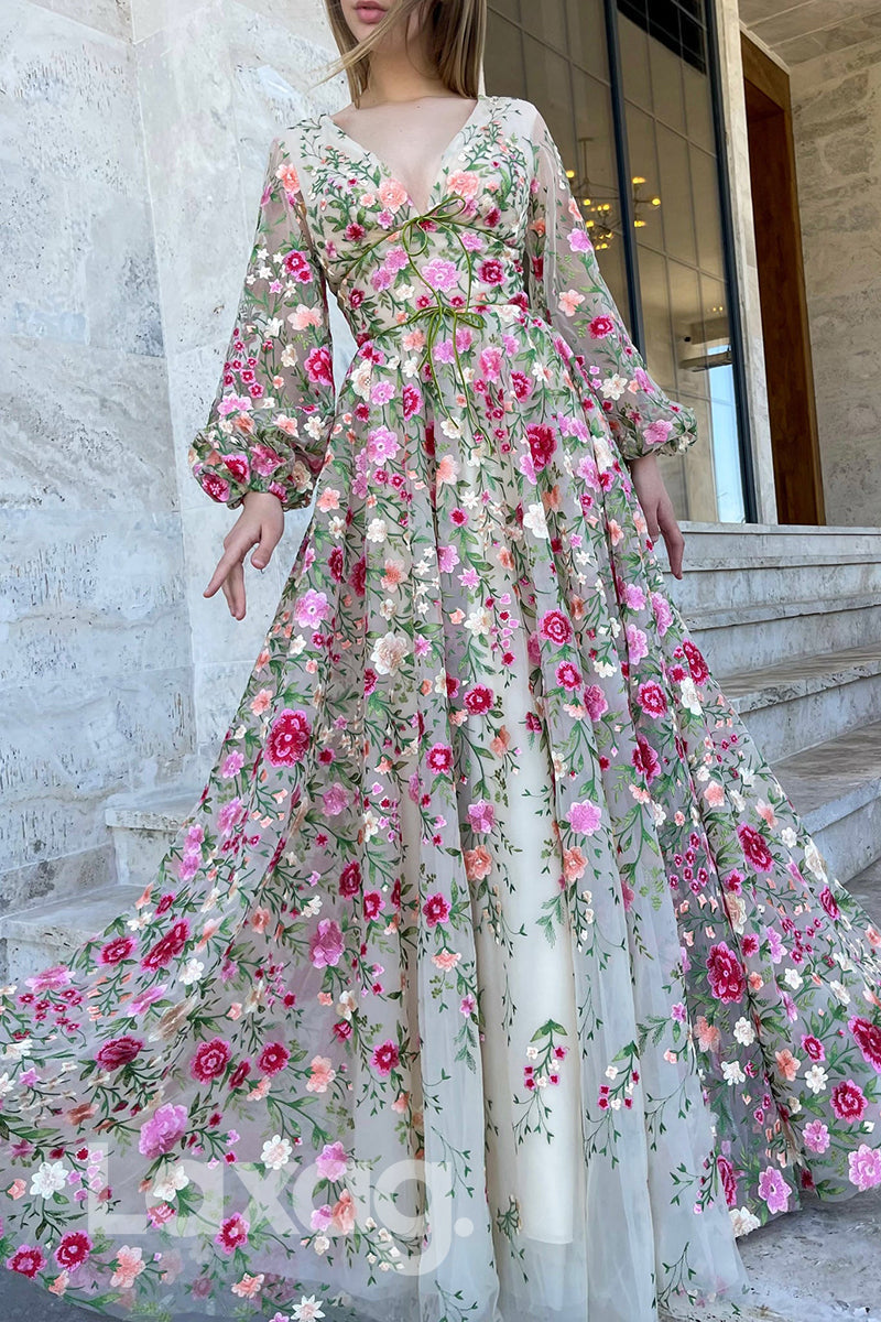 16754 - Deep V-neck Embroidery Appliqued Long Sleeves Formal Prom Dress