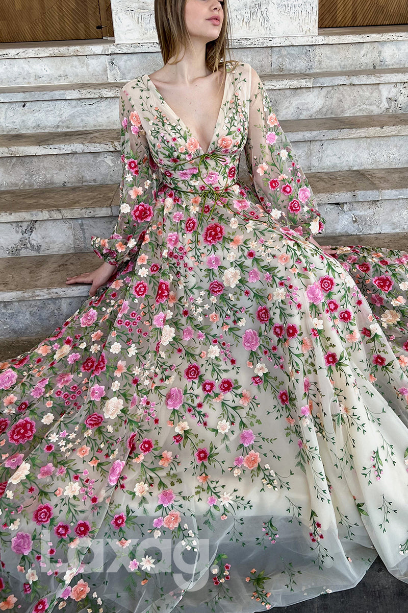 Deep V-neck Embroidery Appliqued Long Sleeves Formal Prom Dress